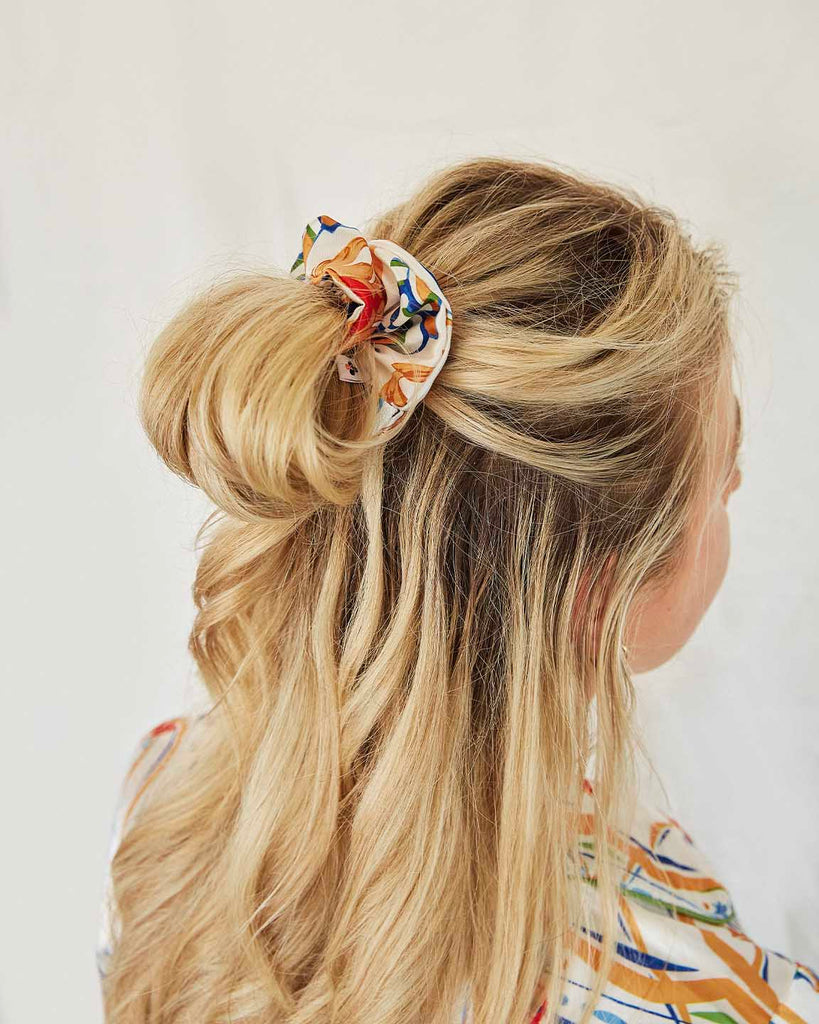Bella Descanso Palazzo luxury satin scrunchie. The perfect luxury hair accessory to add to your ponytail or up-do for hairstyle inspiration.