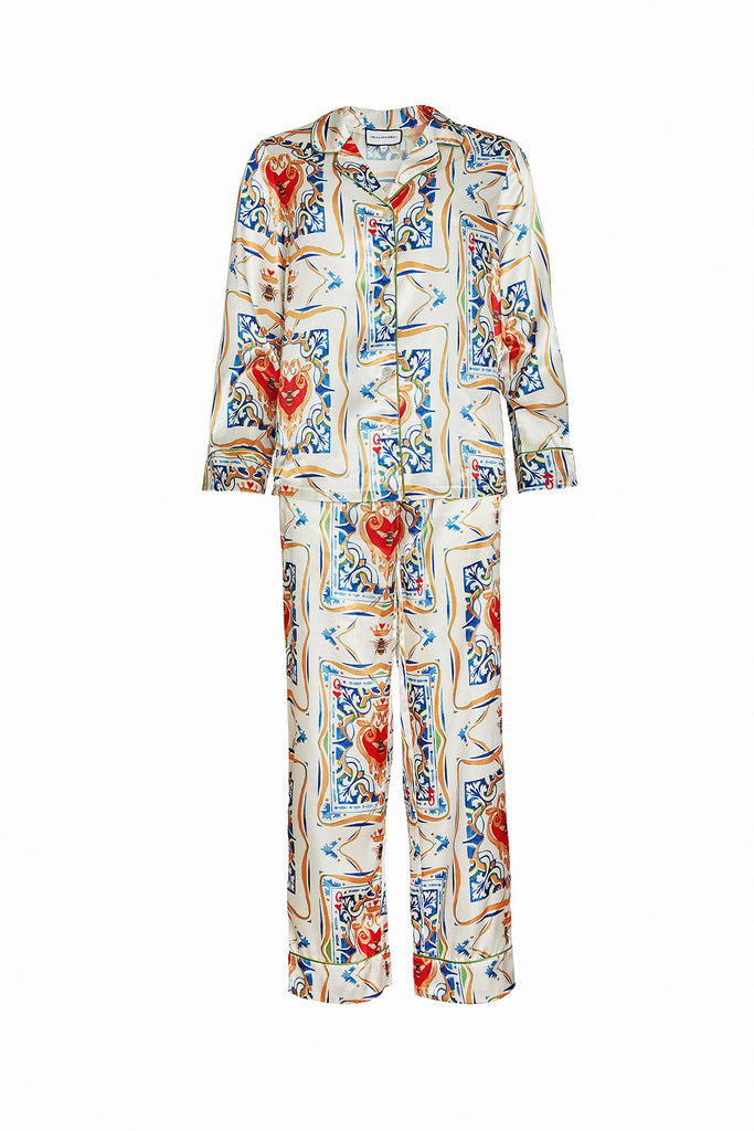 Bella Descanso luxury sleepwear. Palazzo satin pyjama set. Stylish loungewear featuring blue, red and designer-inspired bees. 
