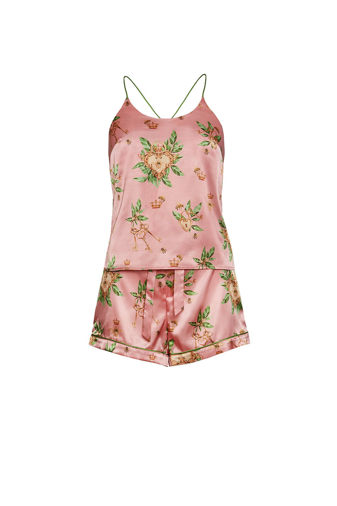 Bella Descanso luxury sleepwear. Biscayne pink camisole and shorts pyjama set.
